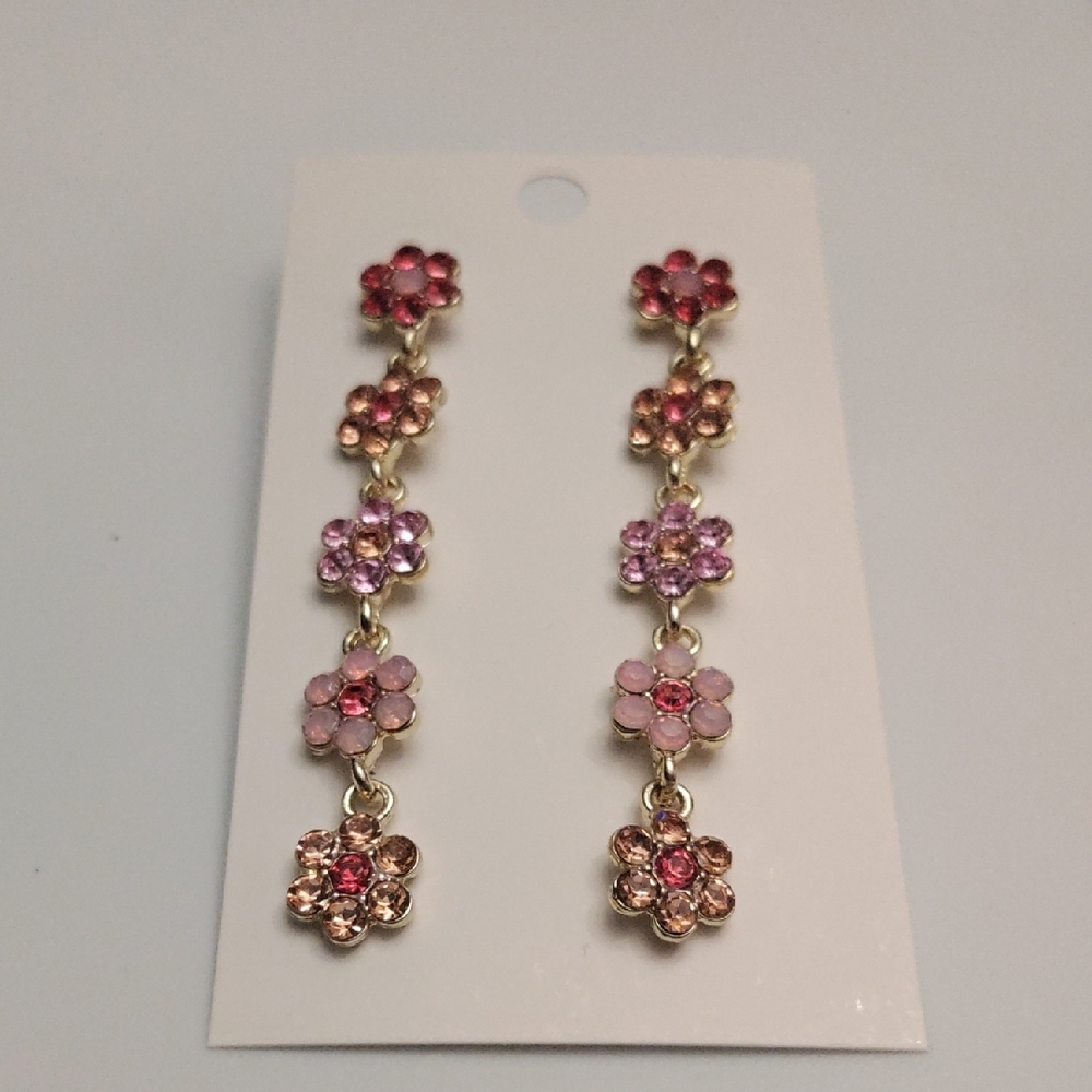 Women’s Pink Floral Dangle Earrings - Gold Tone 3"